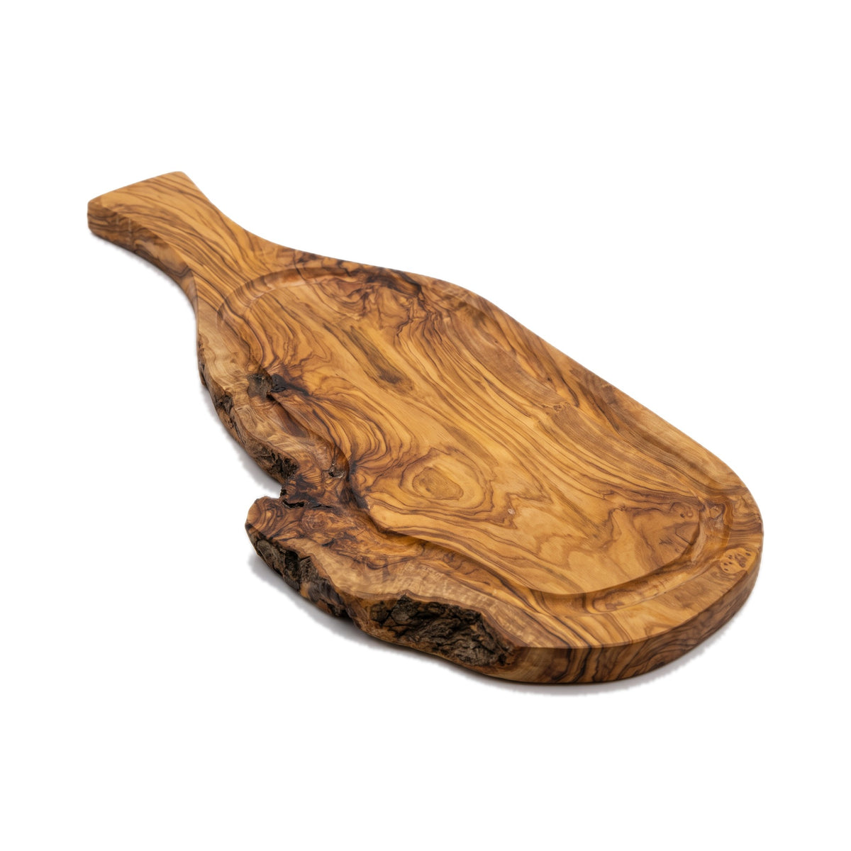 Borrelplank met handvat en sapgeul - olijfhouten - 45x18 cm op een witte achtergrond