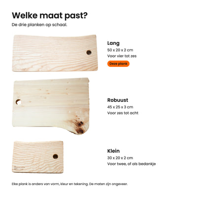 De drie maten op schaal: Lang 50 cm, Robuust 45 cm en Klein 30 cm, met Lang gemarkeerd