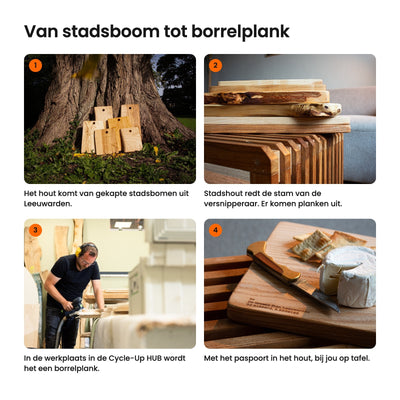 Van stadsboom tot borrelplank in vier stappen: de boom, het geredde hout, de werkplaats in de HUB en op tafel