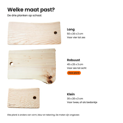 De drie maten op schaal: Lang 50 cm, Robuust 45 cm en Klein 30 cm, met Robuust gemarkeerd