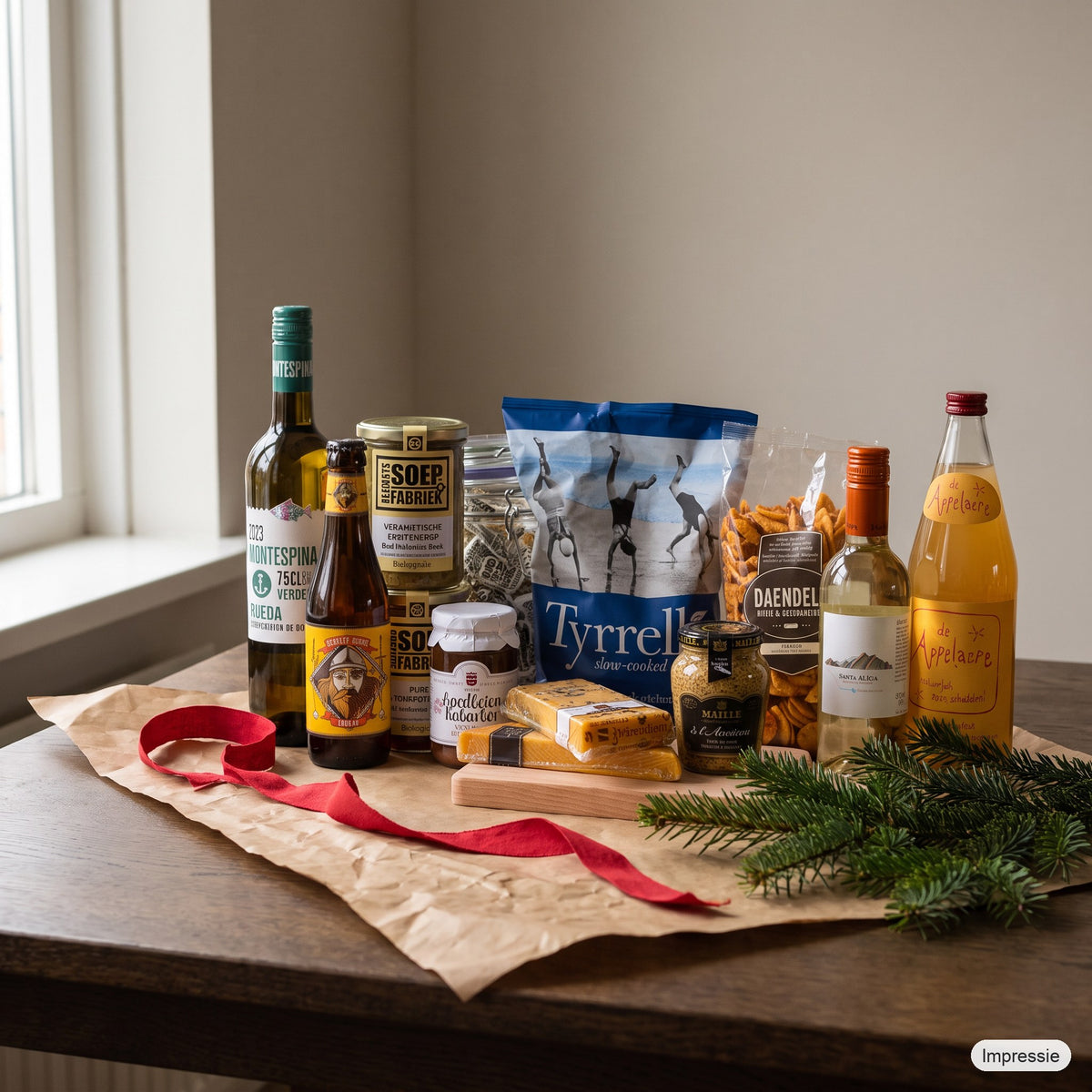 Bourgondisch Kerstpakket - L op een houten tafel met kraftpapier, dennentakken en een rood lint (impressie)
