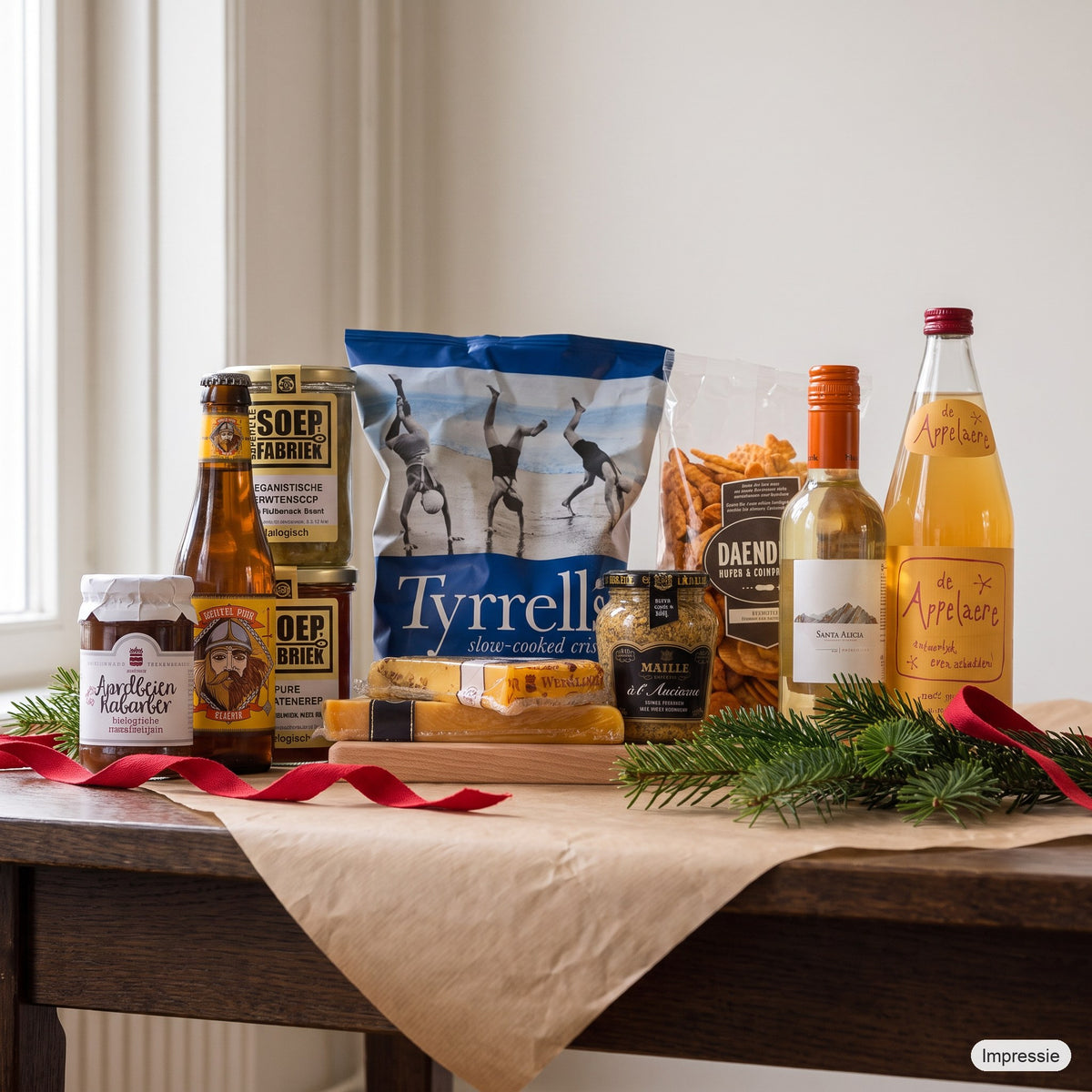 Bourgondisch Kerstpakket - M op een houten tafel met kraftpapier, dennentakken en een rood lint (impressie)
