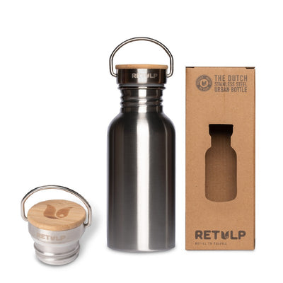 Drinkfles Urban van 500 ml in staal met de dop en de doos van Retulp