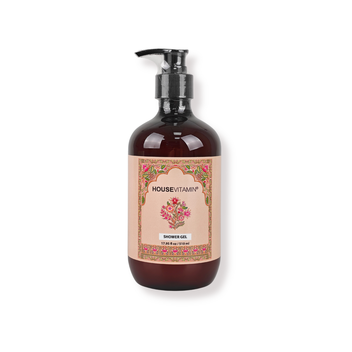 Vegan douchegel Amber van Housevitamin, pompfles met bloemenornament