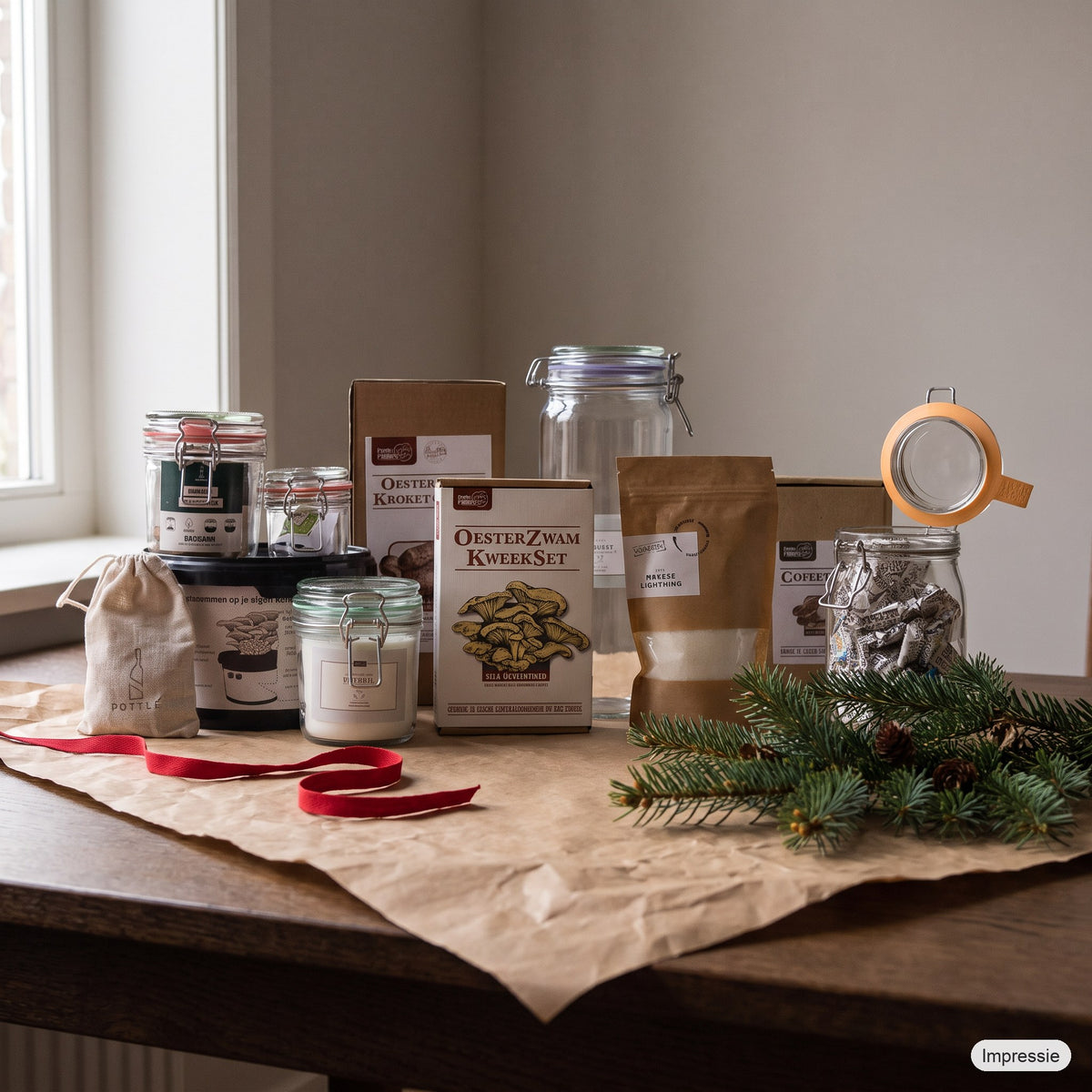 Circulair Kerstpakket - XL op een houten tafel met kraftpapier, dennentakken en een rood lint (impressie)