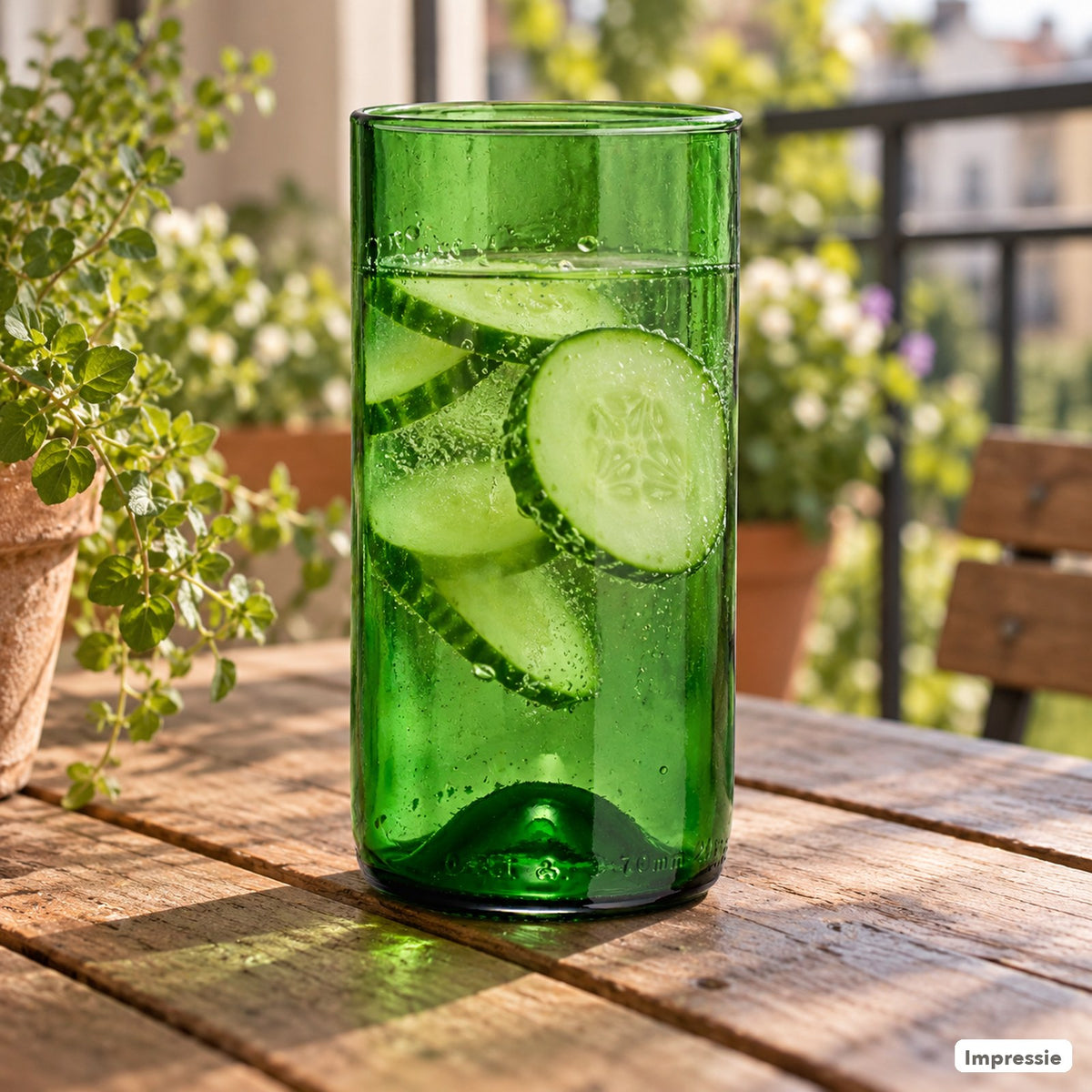 Rebottled - Drinkglas van een gebruikte wijnfles (curve, hoog) - Flessengroen in gebruik (impressie)