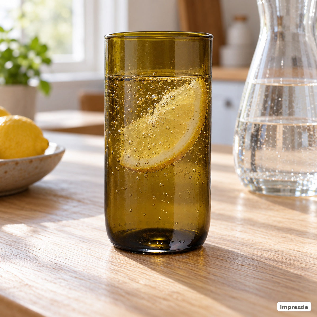 Rebottled - Drinkglas van een gebruikte wijnfles (curve, hoog) in gebruik (impressie)