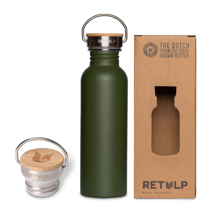 Drinkfles Urban van 750 ml in bosgroen met de dop en de doos van Retulp