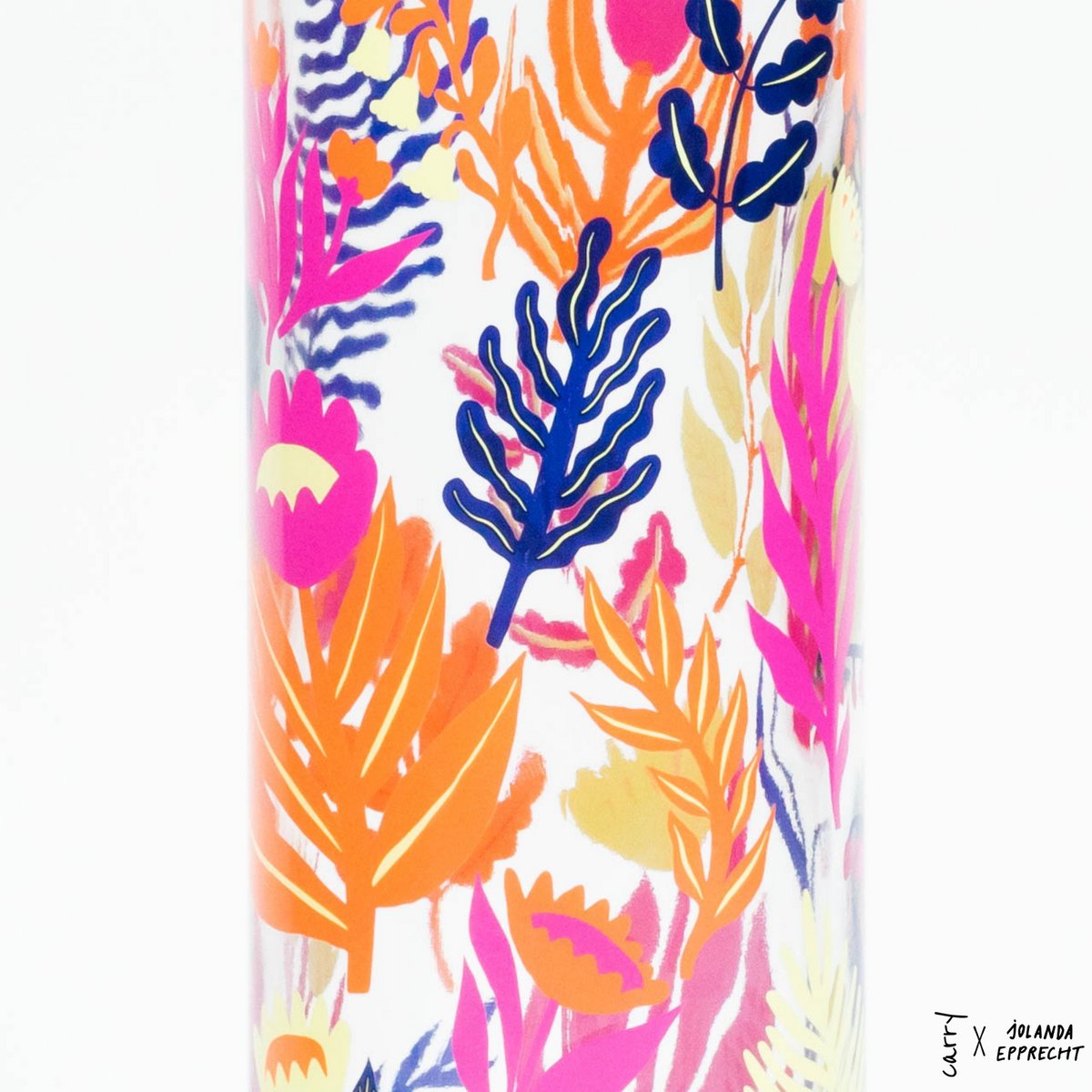Detail van de bladeren en bloemen in roze, oranje en donkerblauw