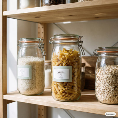 Geredde weckpot (2160 ml), gevuld met pasta in de keukenkast (impressie)