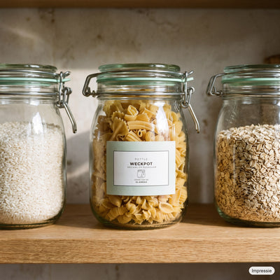 Geredde weckpot (530 ml), gevuld met pasta in de keukenkast (impressie)