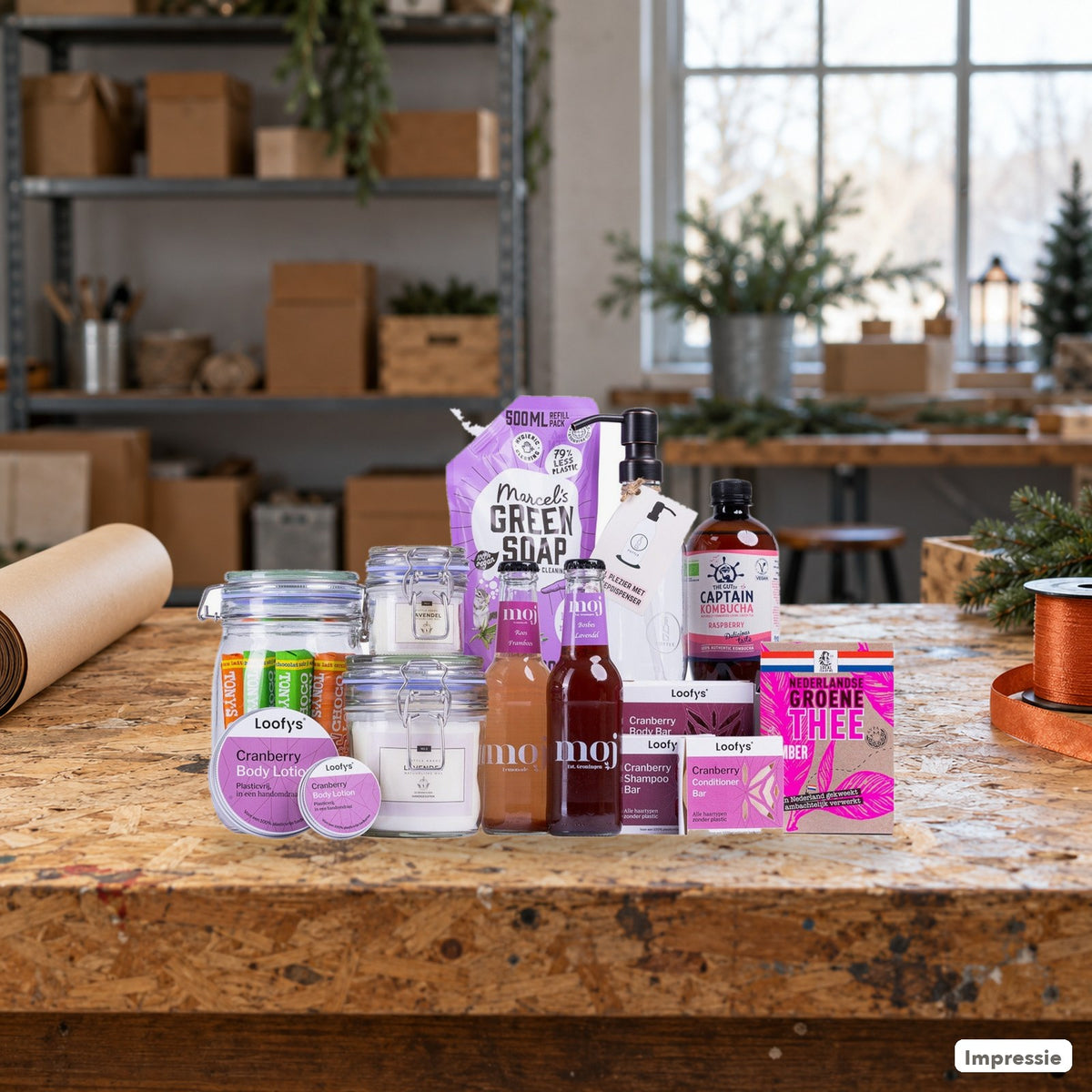 Feel Good Kerstpakket - L - Paars op een werkbank in de werkplaats (impressie)