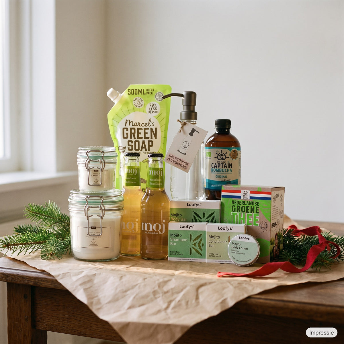 Feel Good Kerstpakket - M - Groen op een houten tafel met kraftpapier, dennentakken en een rood lint (impressie)