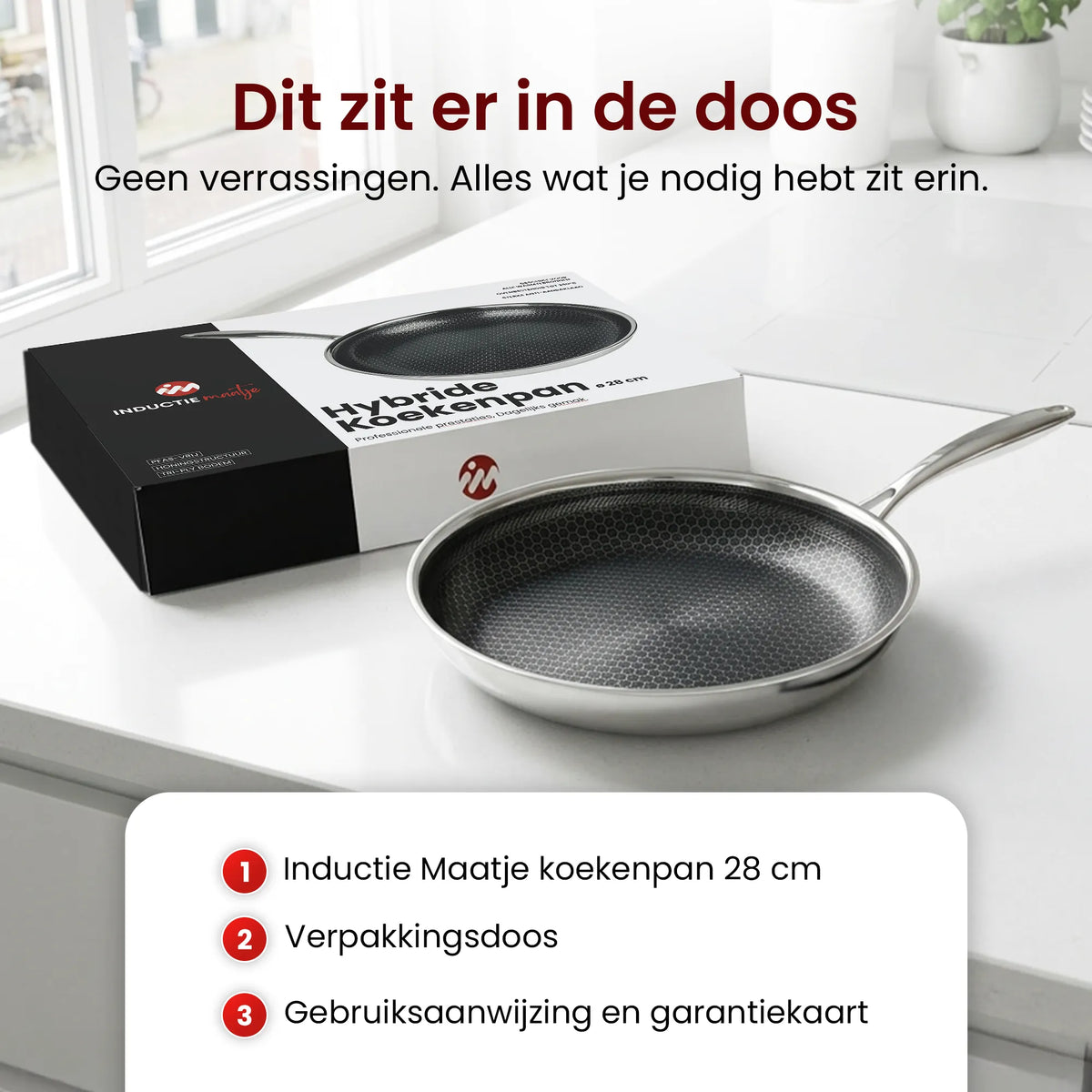 Wat er in de doos zit: koekenpan, gebruiksaanwijzing en garantiekaart
