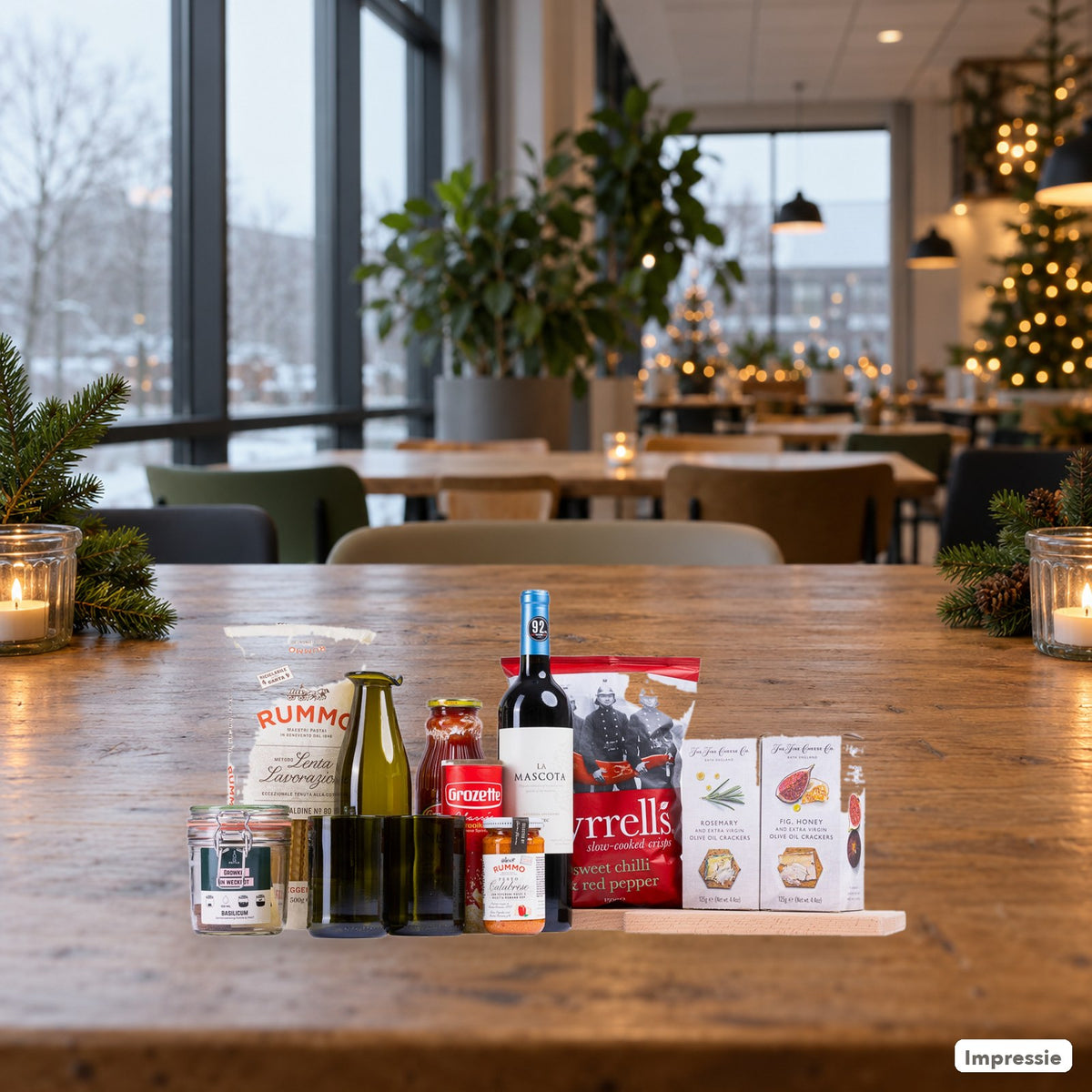 Italiaans Kerstpakket - L op een tafel in een kantine met kerstsfeer (impressie)