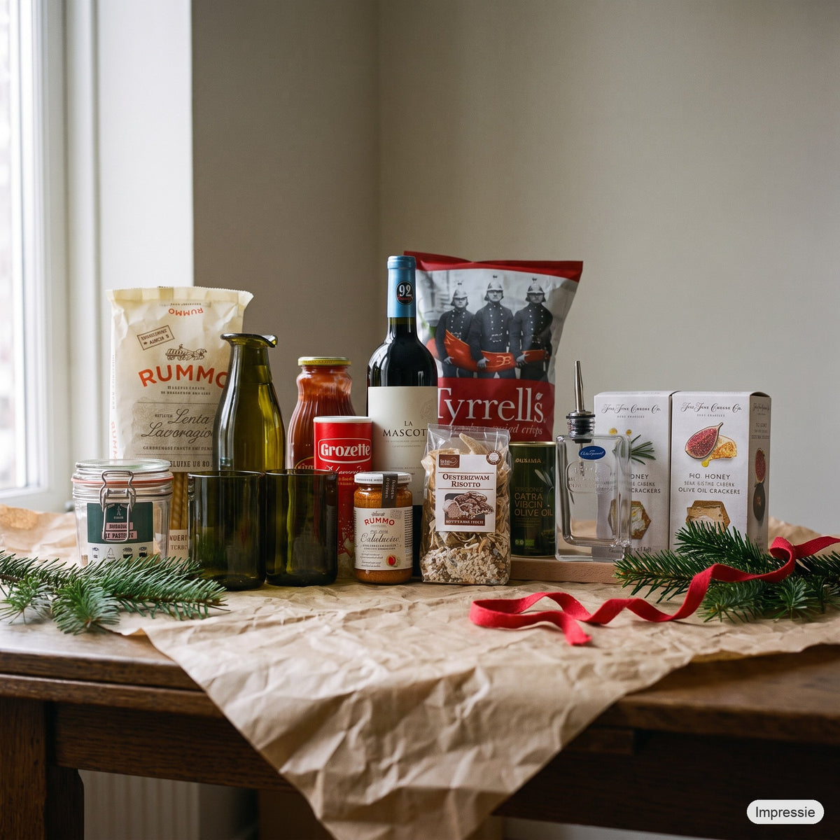 Italiaans Kerstpakket - XL op een houten tafel met kraftpapier, dennentakken en een rood lint (impressie)