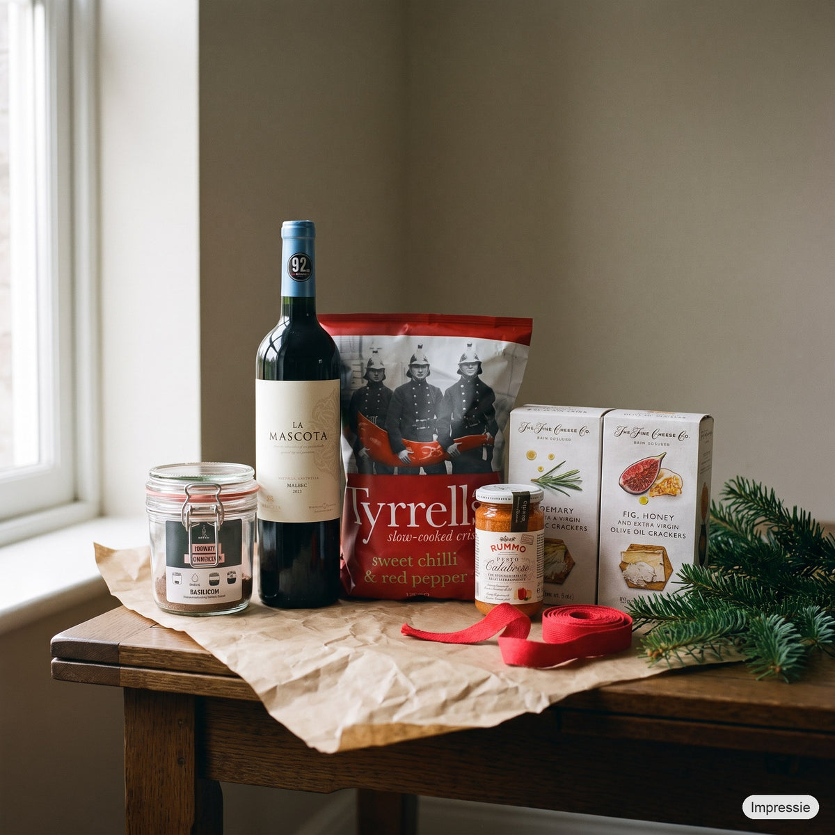 Italiaans Kerstpakket - XS op een houten tafel met kraftpapier, dennentakken en een rood lint (impressie)