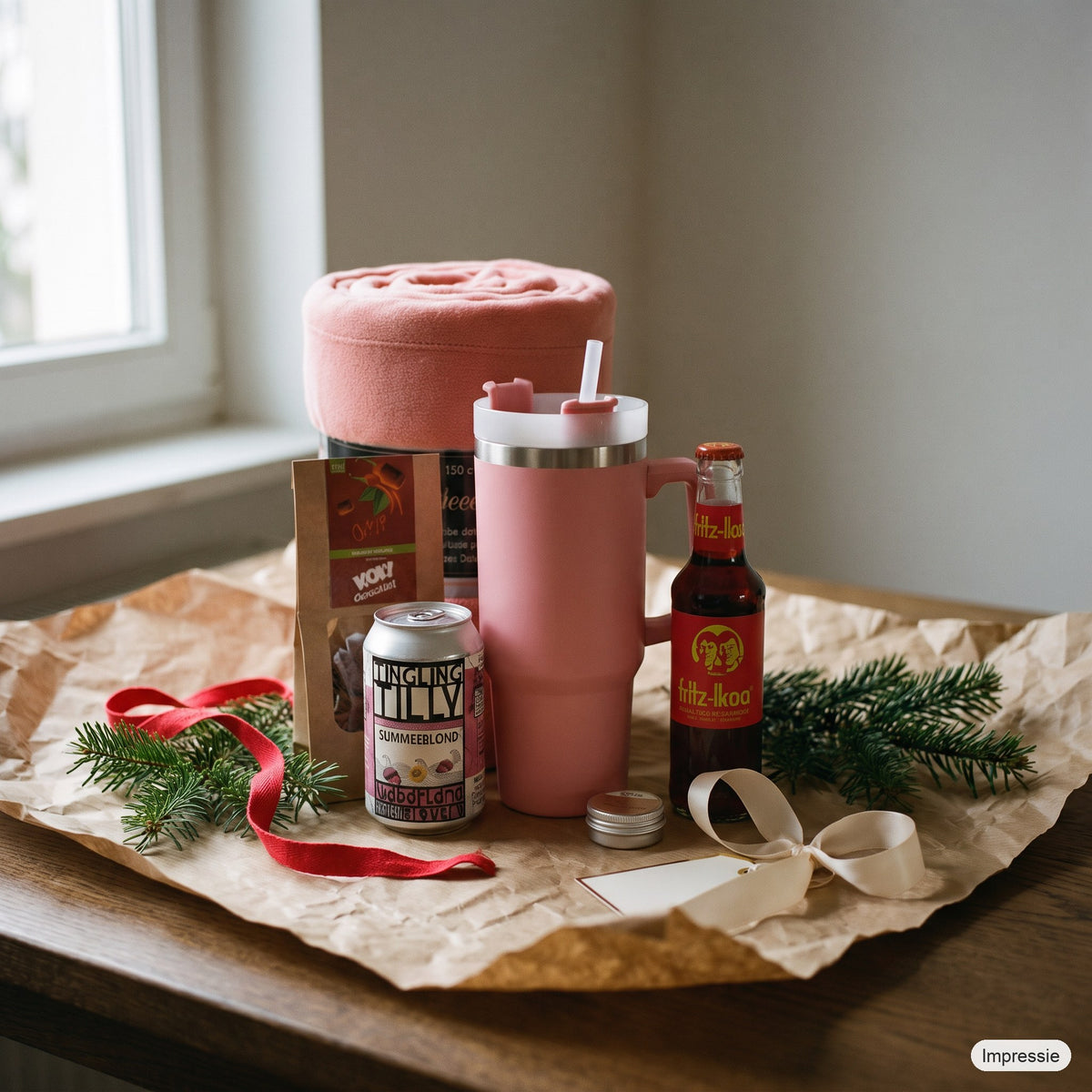 Kerstpakket - Roze verwenning op een houten tafel met kraftpapier, dennentakken en een rood lint (impressie)