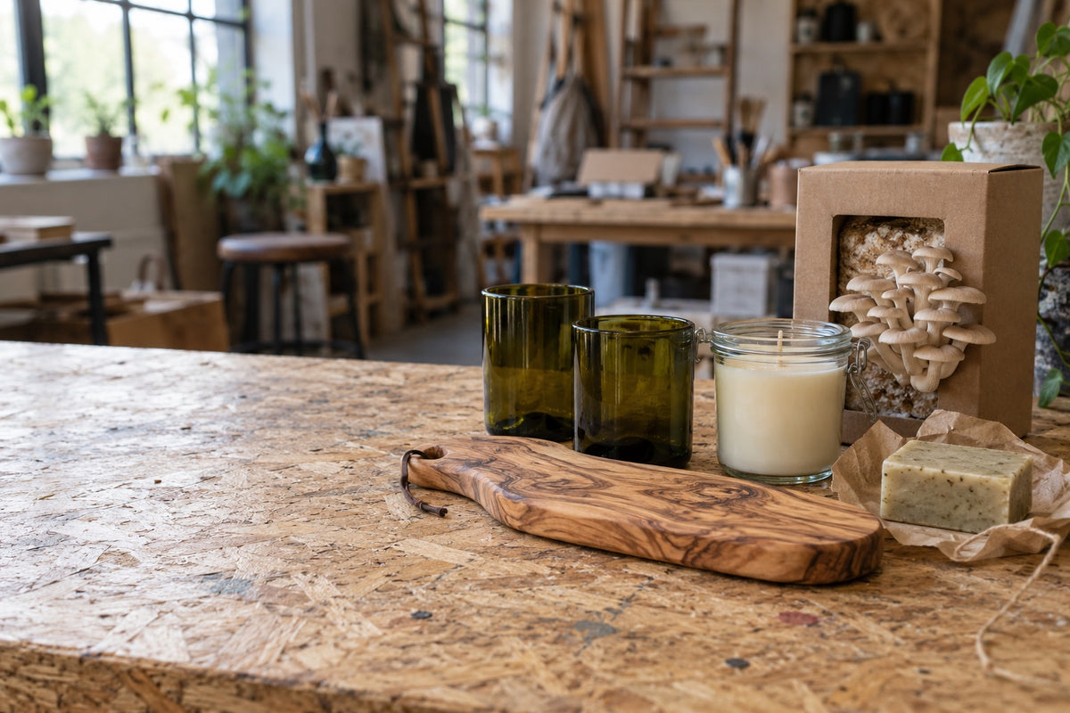 Olijfhouten plank, glazen van oude wijnflessen, een kaars in een weckpot, een paddenstoelenkweekset en zeep op een werktafel