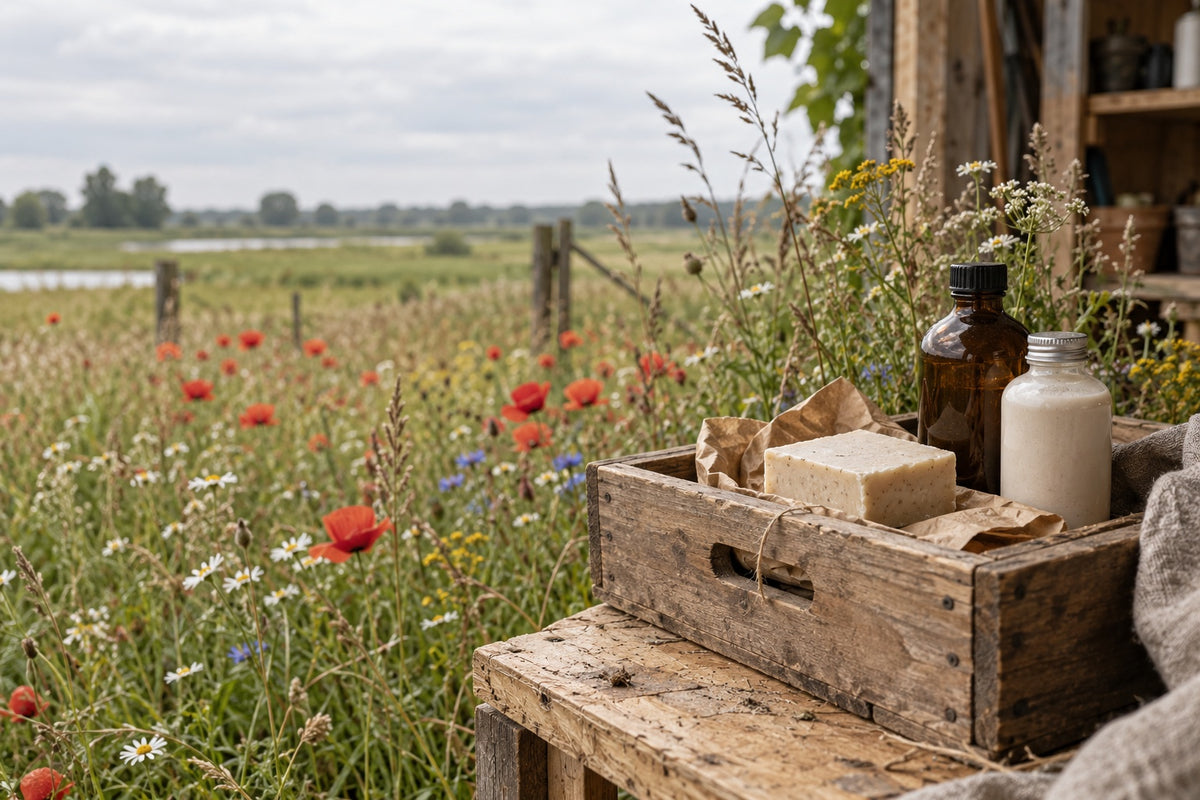Een kistje met zeep en twee flessen aan de rand van een bloemrijke weide