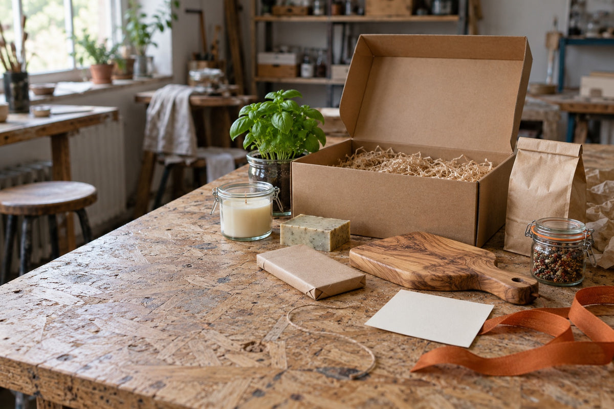 Een open kraftdoos op een werktafel met eromheen een kaars, basilicum, zeep, chocolade, een olijfhouten plank, koffie, kruiden, een kaartje en oranje lint