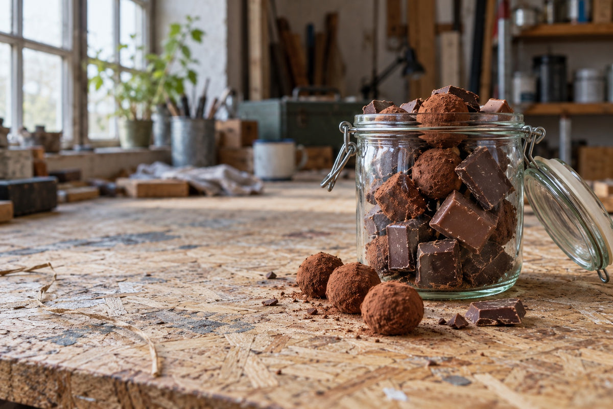 Een weckpot gevuld met chocolaatjes en truffels op een werktafel