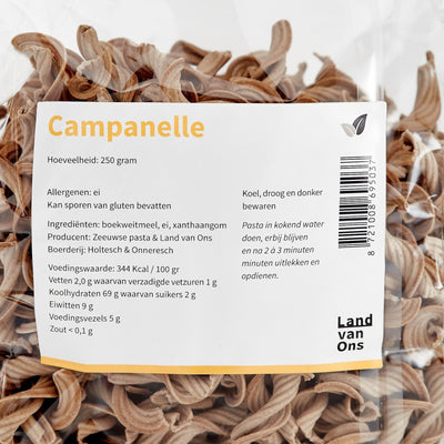 Etiket van de campanelle met ingrediënten, allergenen en kookadvies