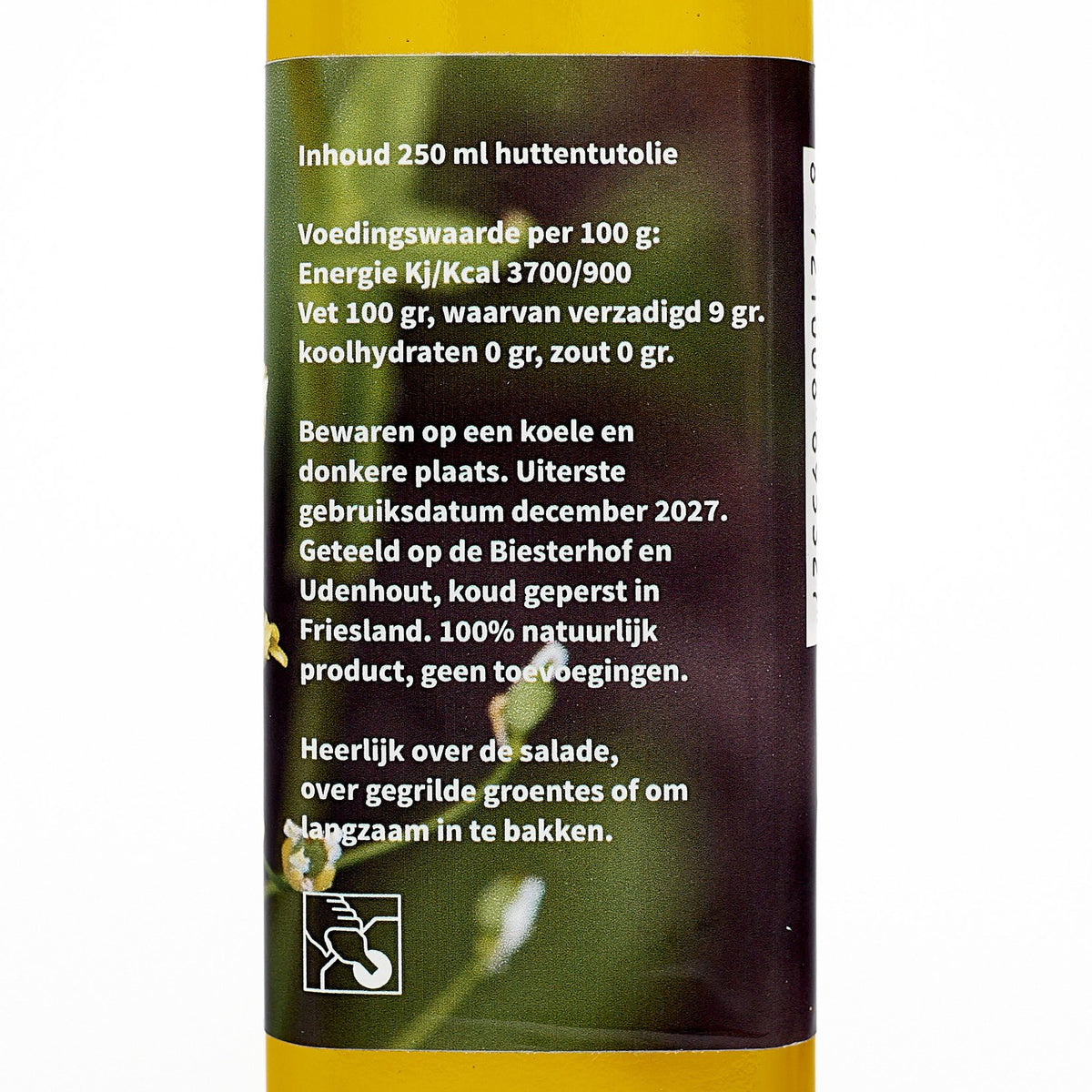 Achteretiket van de huttentutolie met inhoud, voedingswaarde en bewaaradvies