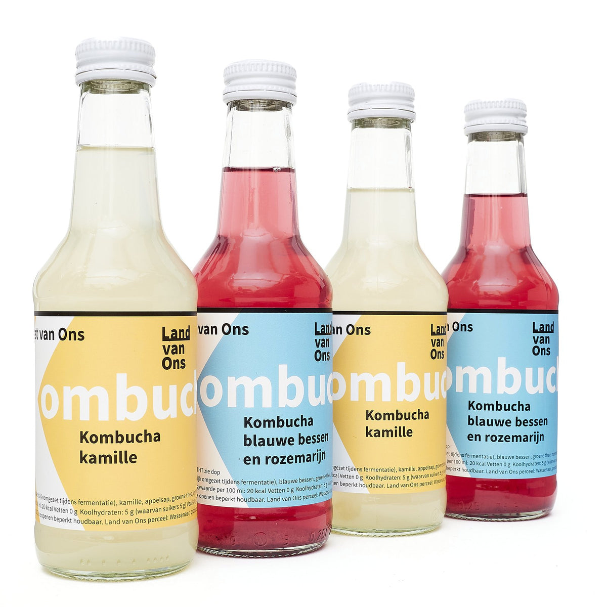 Vier flesjes kombucha van Land van Ons: kamille en blauwe bessen met rozemarijn