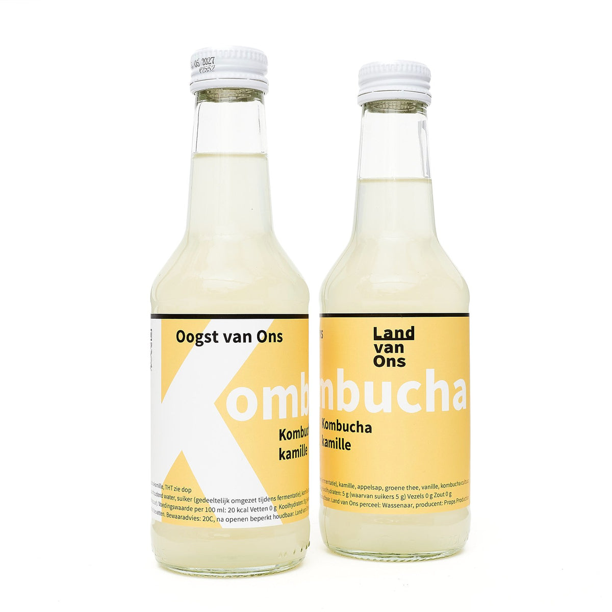 Twee flesjes kombucha kamille van Land van Ons