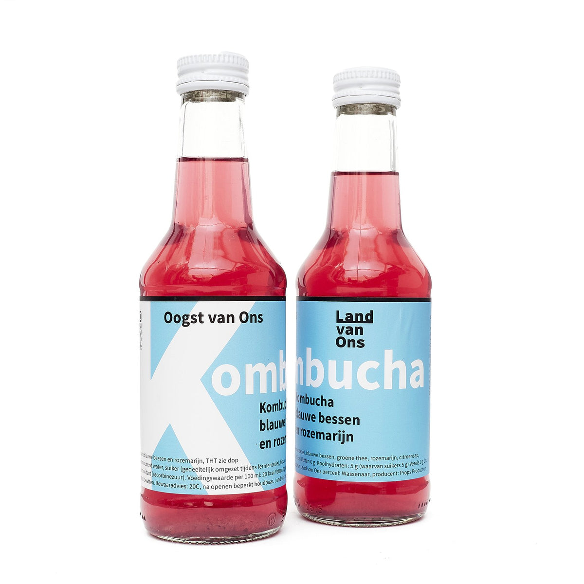 Twee flesjes kombucha blauwe bessen en rozemarijn van Land van Ons