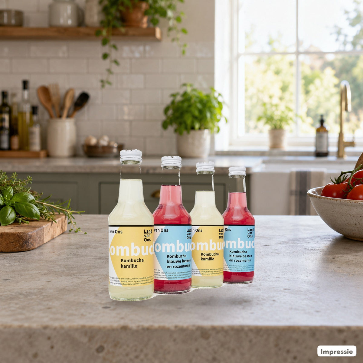 Kombucha van Land van Ons, twee smaken, 25 cl op een aanrecht in de keuken (impressie)