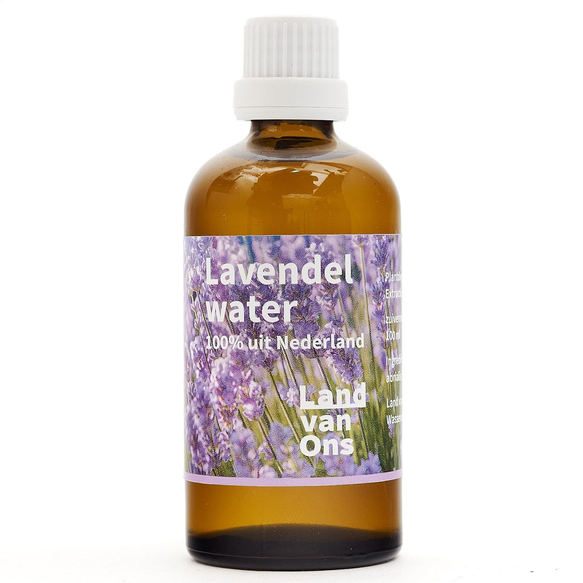 Bruine fles lavendelwater van Land van Ons met een lavendelveld op het etiket