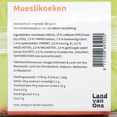 Etiket van de mueslikoeken met ingrediënten en allergenen