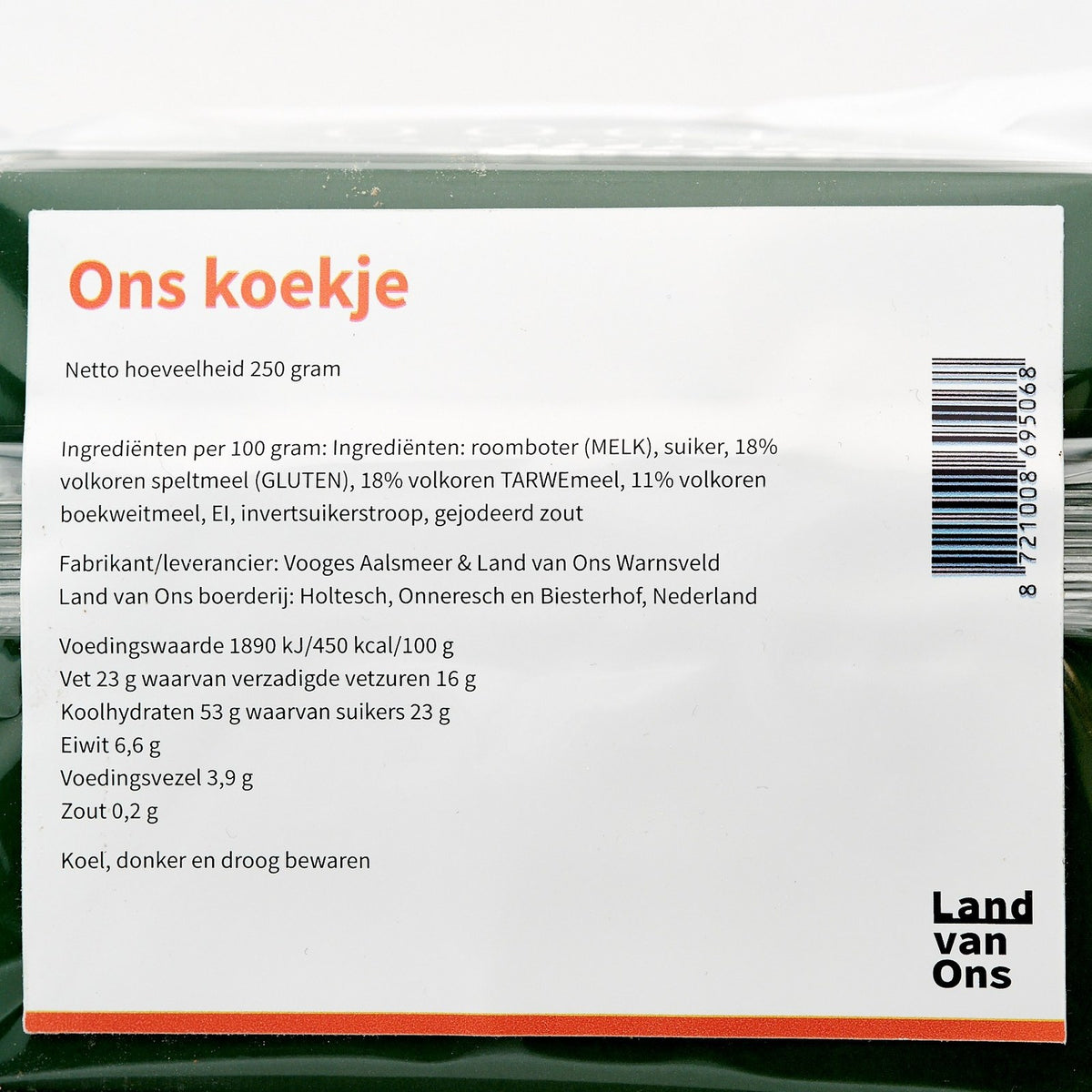 Etiket van Ons koekje met ingrediënten en voedingswaarde
