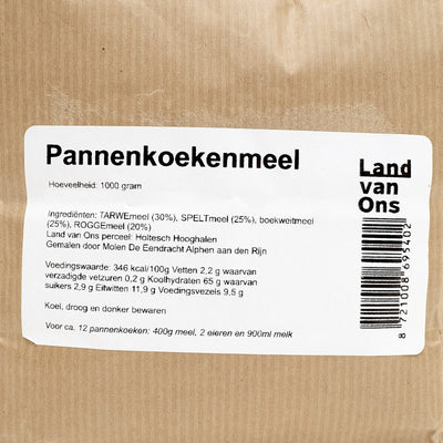 Etiket van het pannenkoekenmeel met ingrediënten en herkomst