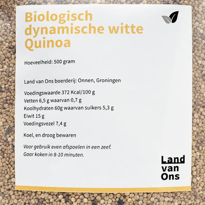 Etiket van de witte quinoa met voedingswaarde en kookadvies