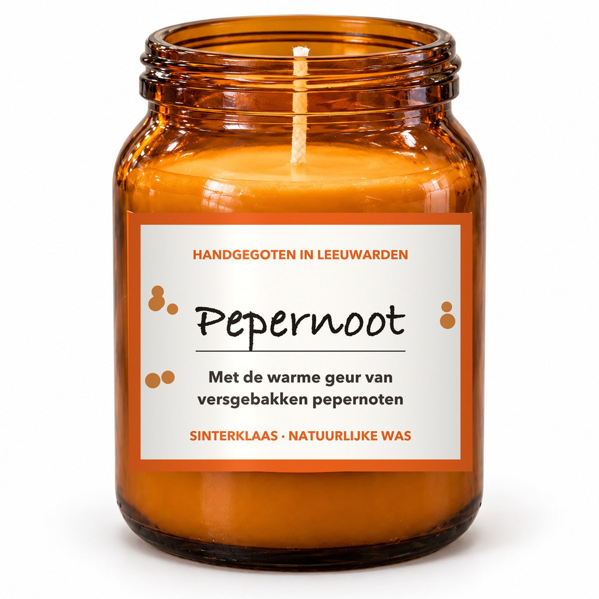 Pepernotengeurkaars klein in een bruin glazen potje, op wit