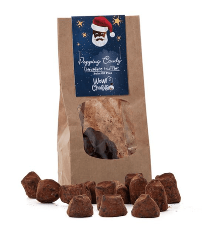 Zakje chocoladetruffels met knettersuiker van WOW Chocolao!, kersteditie