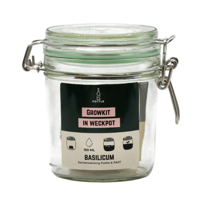 Weckpot growkit (basilicum) op een witte achtergrond
