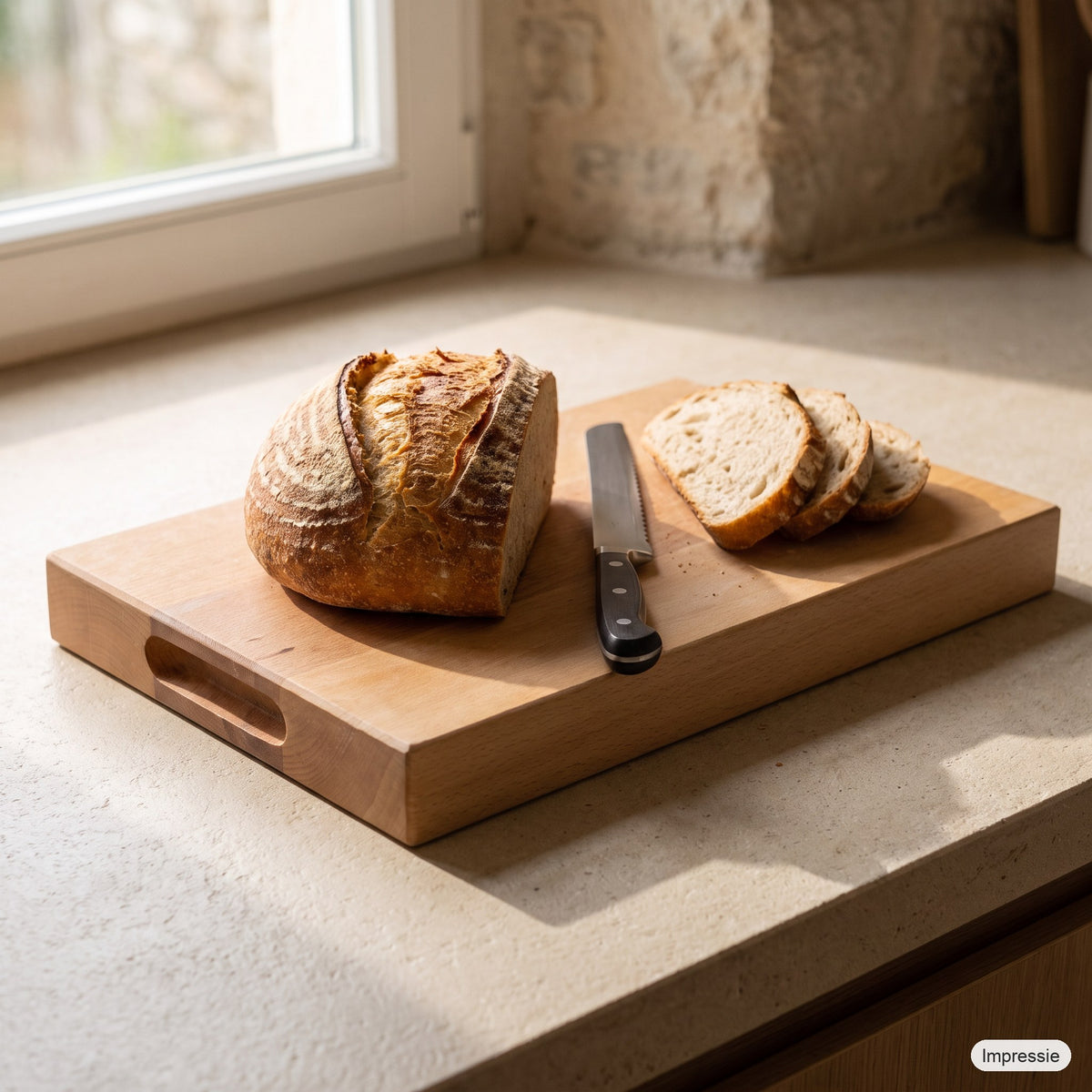 Snijplank met handvaten van beukenhout (38 x 28 cm) met brood op het aanrecht (impressie)