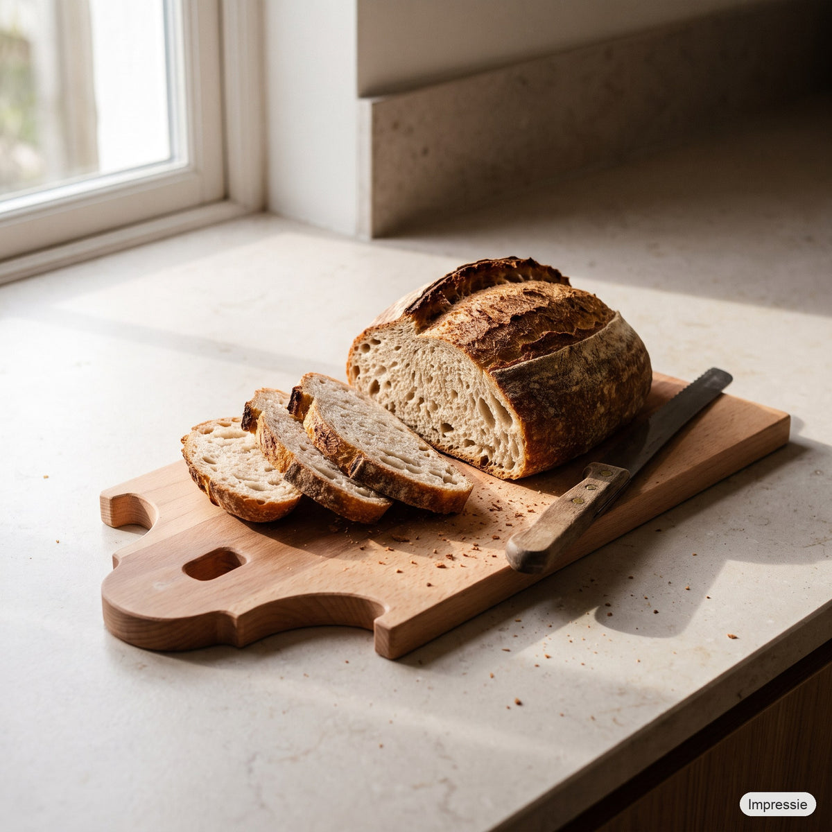 Snij- en borrelplank in de vorm van een huisje (35 x 17 cm) met brood op het aanrecht (impressie)