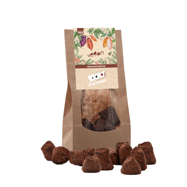 Zakje vegan chocoladetruffels van WOW Chocolao!, kersteditie