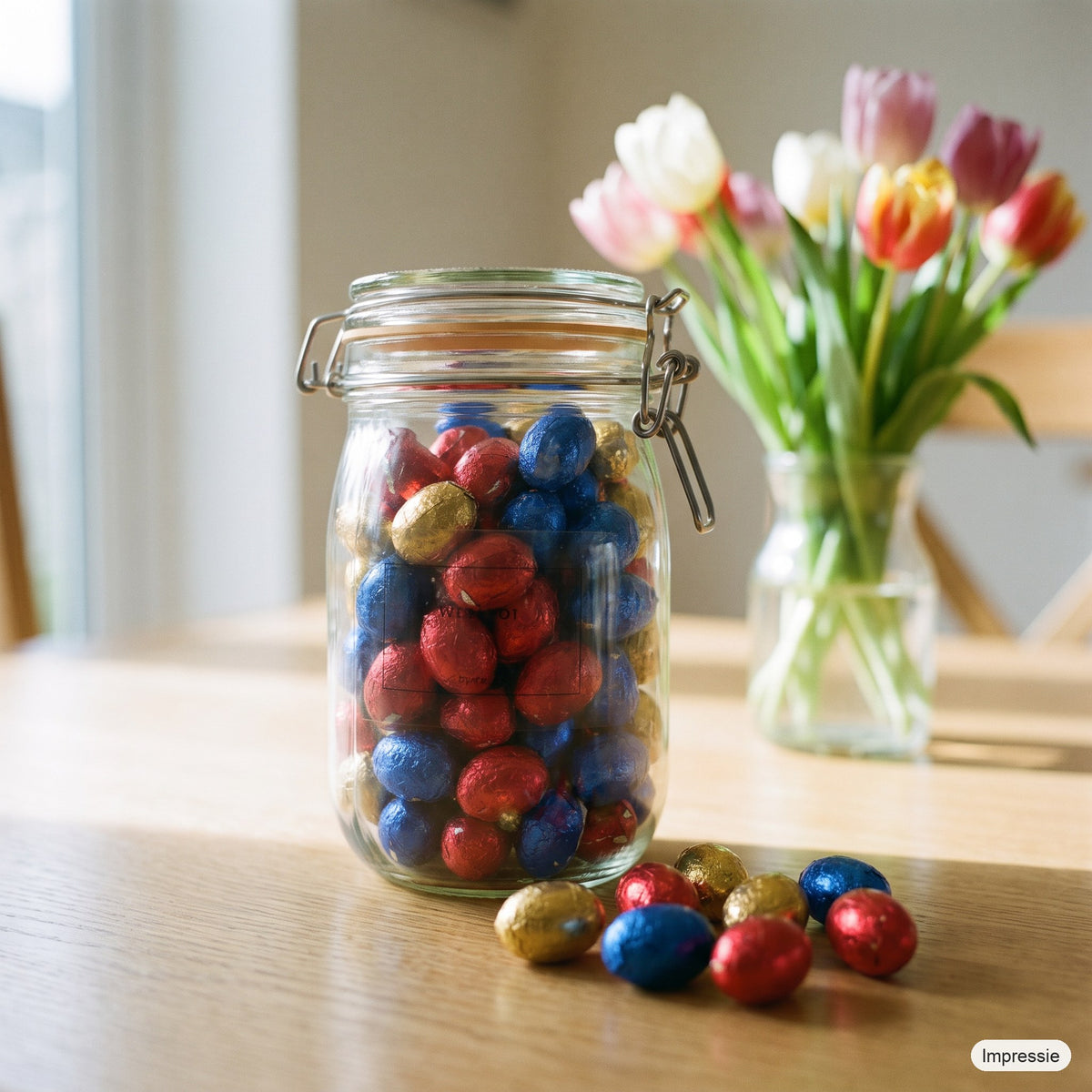 Weckpot 1140 ml met standaard paaseieren op de ontbijttafel met tulpen (impressie)