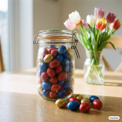 Weckpot 1140 ml met standaard paaseieren op de ontbijttafel met tulpen (impressie)