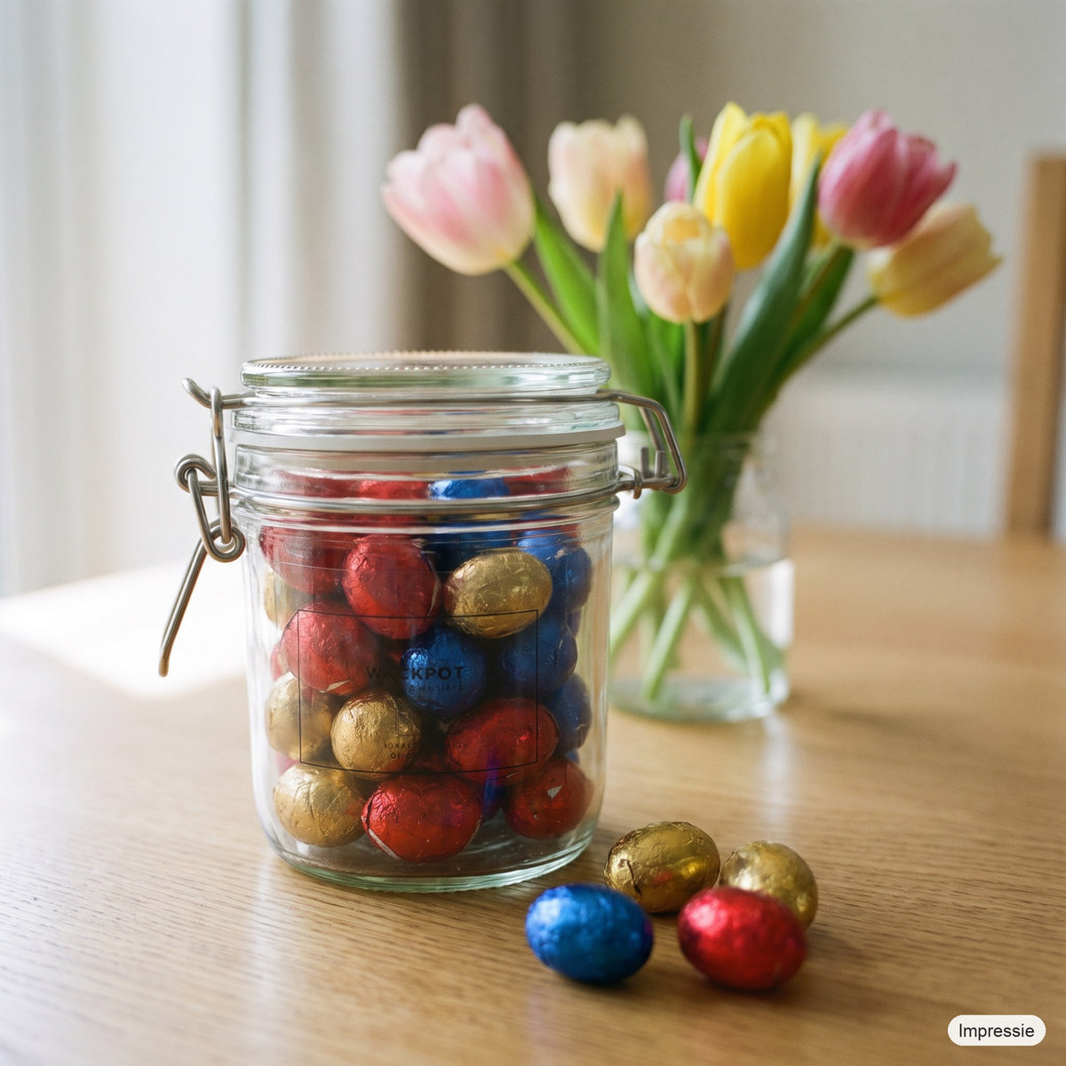 Weckpot 530 ml met standaard paaseieren op de ontbijttafel met tulpen (impressie)