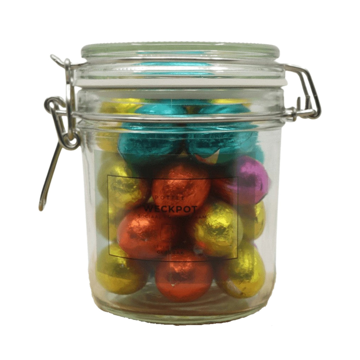 Weckpot 530 ml met gevulde paaseieren op een witte achtergrond