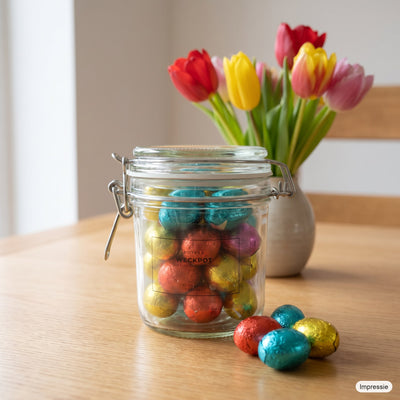 Weckpot 530 ml met gevulde paaseieren op de ontbijttafel met tulpen (impressie)