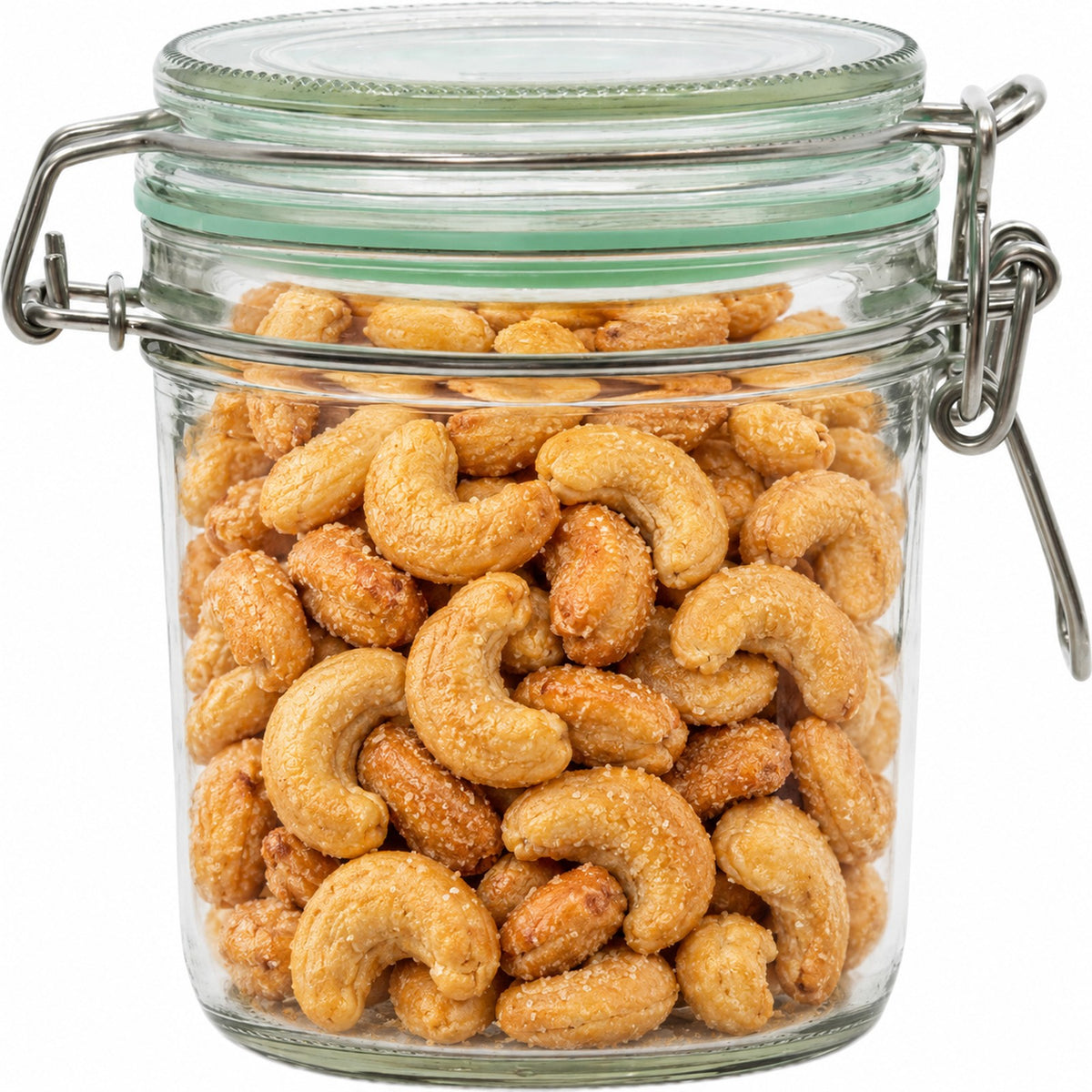 Geredde weckpot van 530 ml, gevuld met gezouten cashewnoten (impressie)