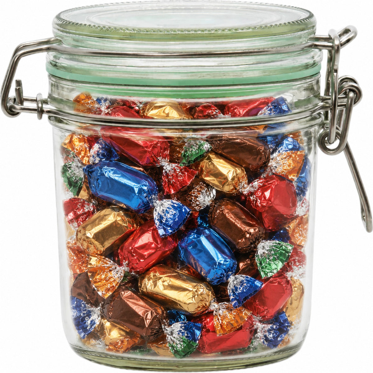 Geredde weckpot van 530 ml, gevuld met chocolaatjes in folie (impressie)